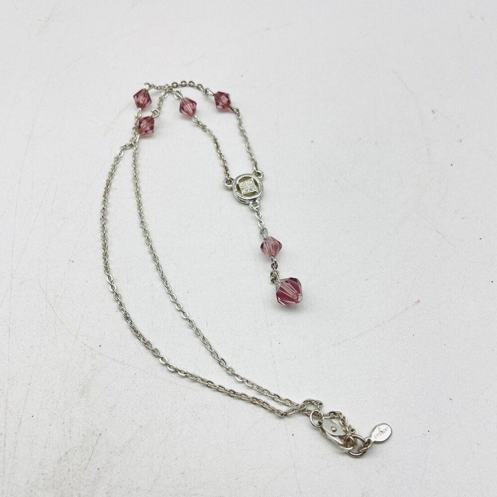 GIVENCHY Pink Bead Station Necklace Silver Tone Y Drop Dainty Victorian Style - Picture 2 of 7